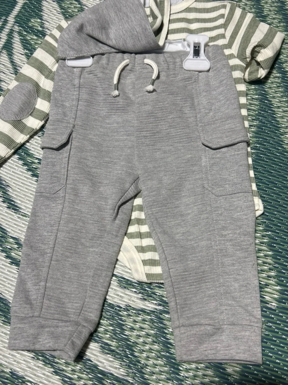 Striped Green & Gray Baby Bodysuit Set with Hat